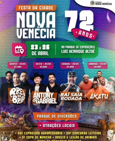 Confirmadas atrações para a Festa da Cidade de Nova Venécia